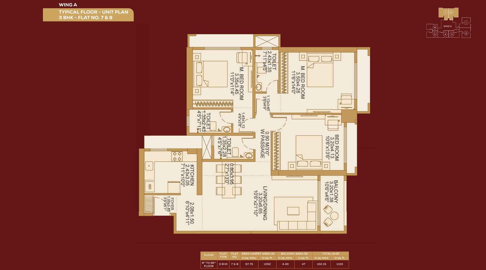 Dosti-604-unit-Floor-Plan-Wing-A-3-BHK-1100-sqft